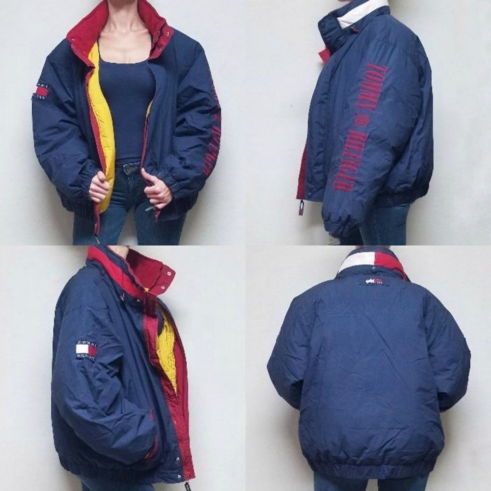 𝅺Rare Vintage 90s Tommy Hilfiger Red Blue Colorblock Down Hooded Puffer Jacket